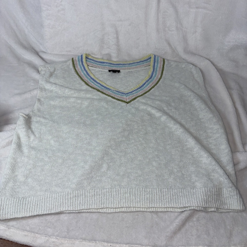 Talbots Tipped V Neck Sweater Vest XL Linen Cotton Blend Coastal Grandmother EUC
